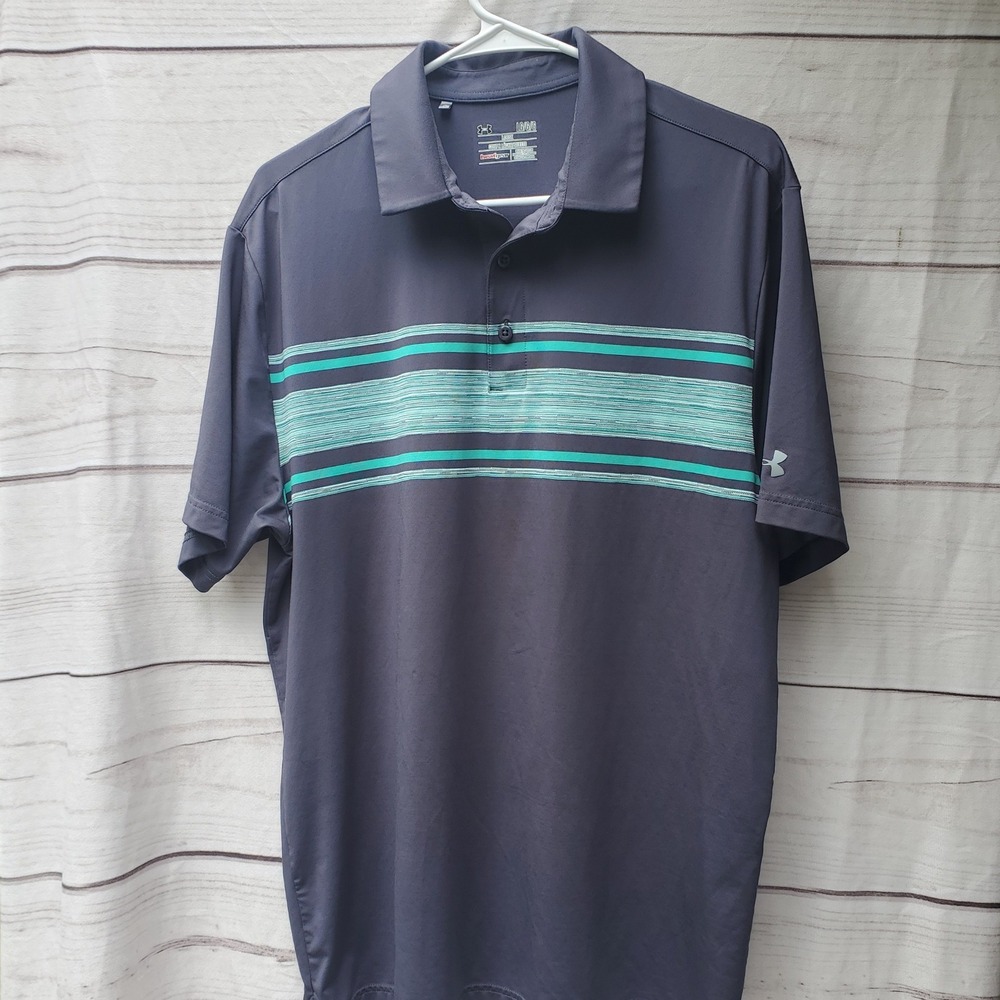 Under Armour Mens HeatGear Polo Shirt Gray Teal Striped Loose Fit Large LG